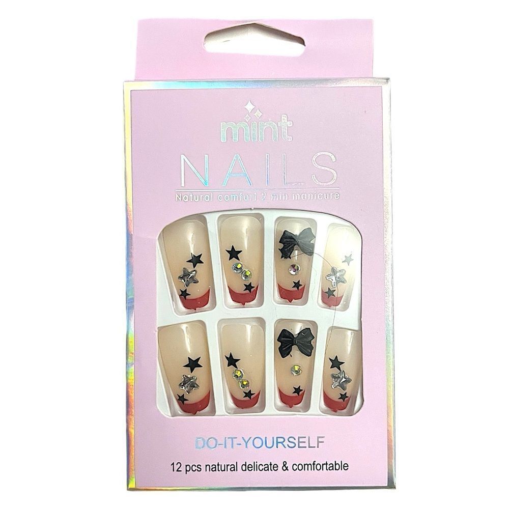Red French Tip Black Bows And Stars Rhinestones Coffin Shape Press On